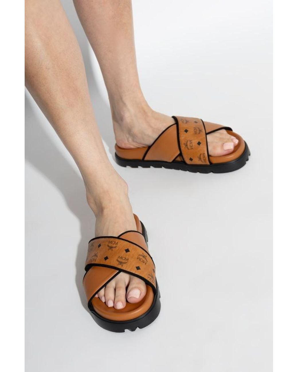 MCM Brown Cross-Strap Wide Sandals