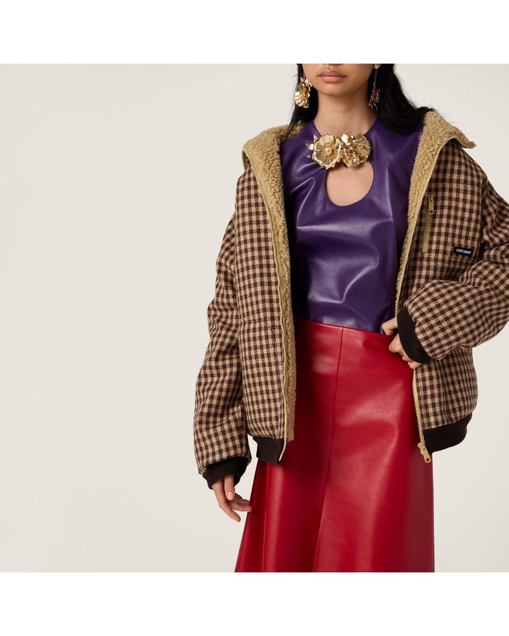 Miu Miu Brown Fleece-Lined Checked Blouson Jacket