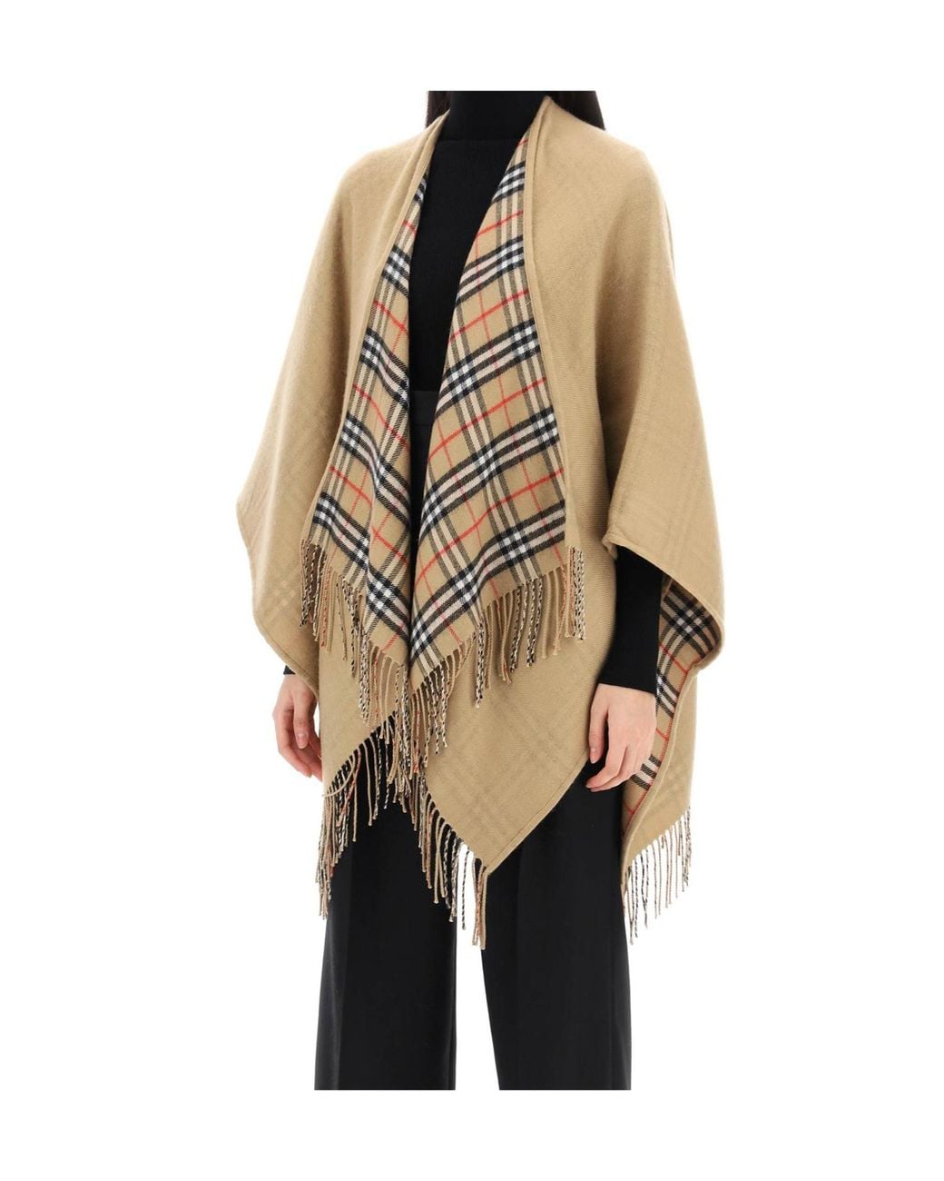 Burberry Brown Checked Fringed-Edge Reversible Cape