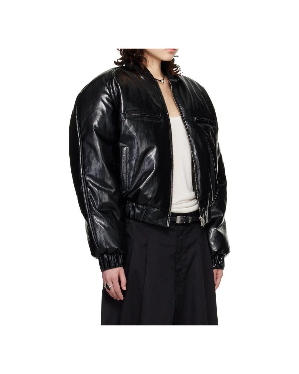Lu'u Dan Black Long-Sleeved Faux Leather Bomber Jacket for men