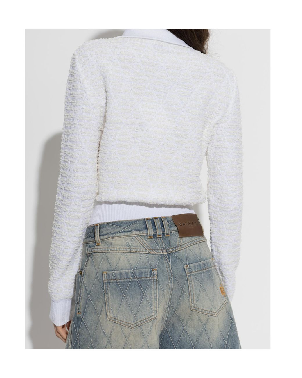 Balmain White Half-Zip Textured-Knit Sweater