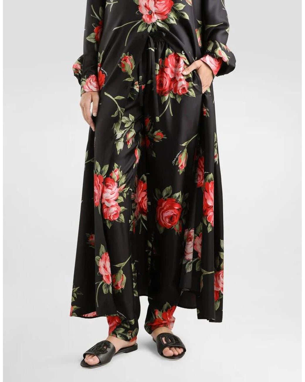 Dolce & Gabbana Red Satin Floral Drawstring Trousers