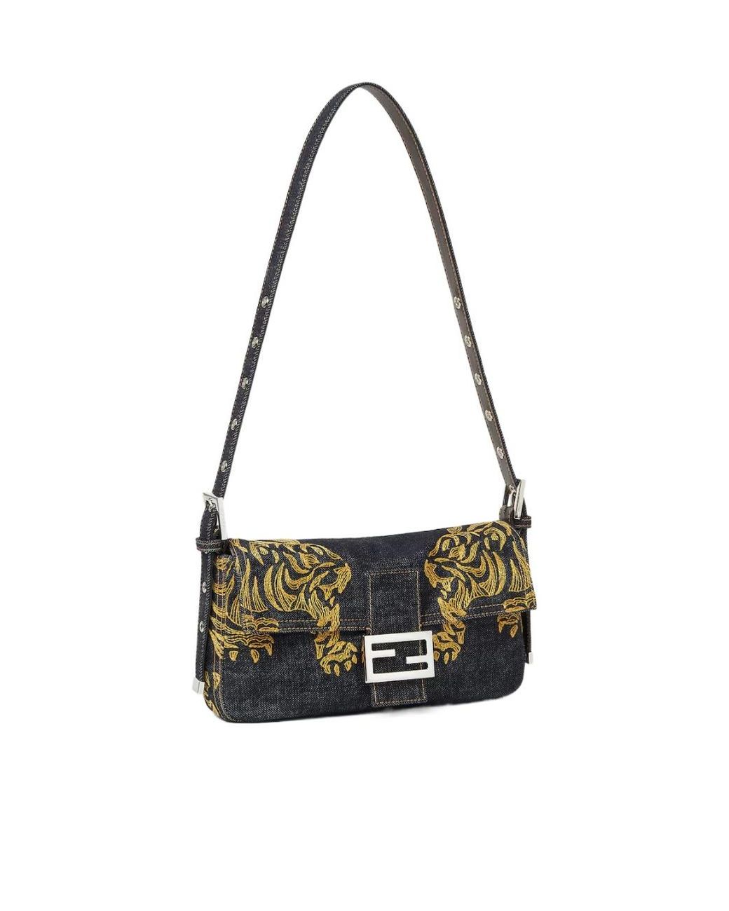 Fendi Black Baguette 26424 Dark Denim Bag With Embroidery
