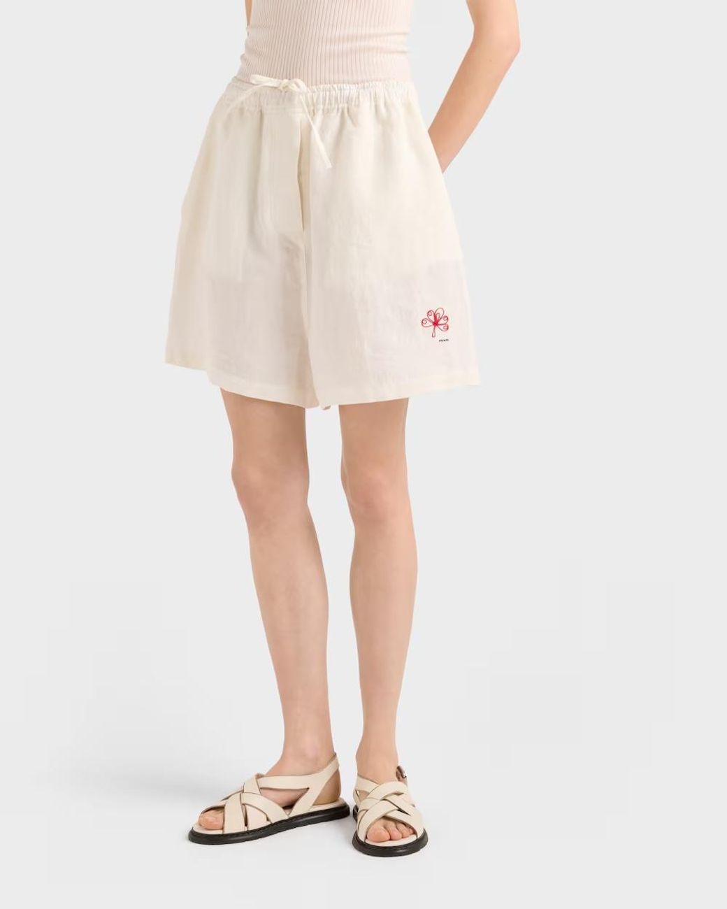 Prada White Embroidered Slubbed Shorts
