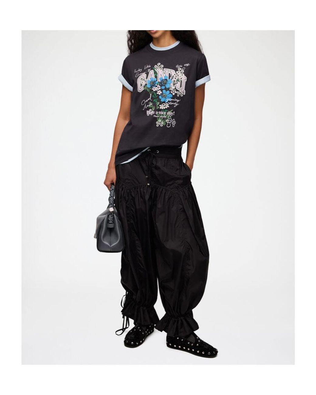 Ganni Black Relaxed Organic Cotton T-Shirt Flower