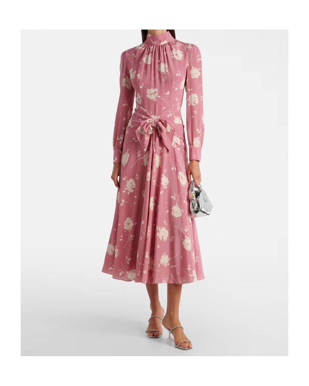 Alessandra Rich Pink Bow-Detail Floral Silk Midi Dress
