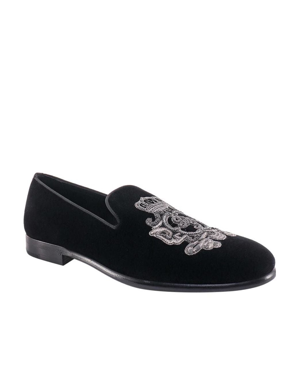 Dolce & Gabbana Black Velvet Embroidered Slip-On Loafers for men