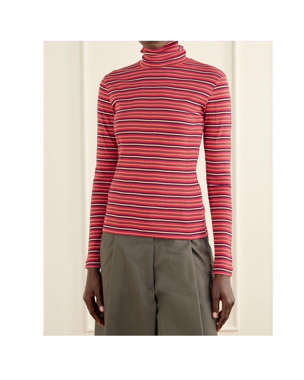 Dries Van Noten Red Striped Ribbed Cotton-Blend Turtleneck Sweater