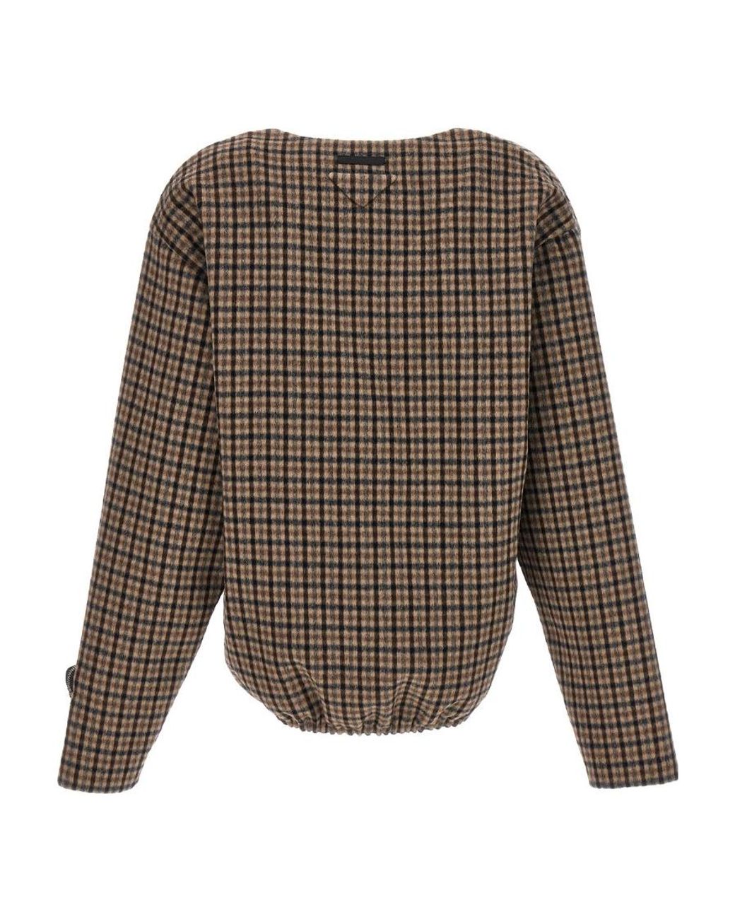 Prada Brown Checked V-Neck Top