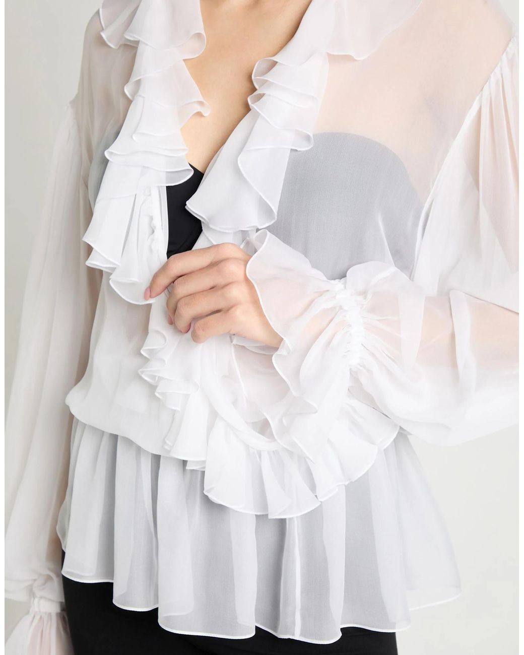 Dolce & Gabbana White Chiffon Long Sleeve Ruched Top