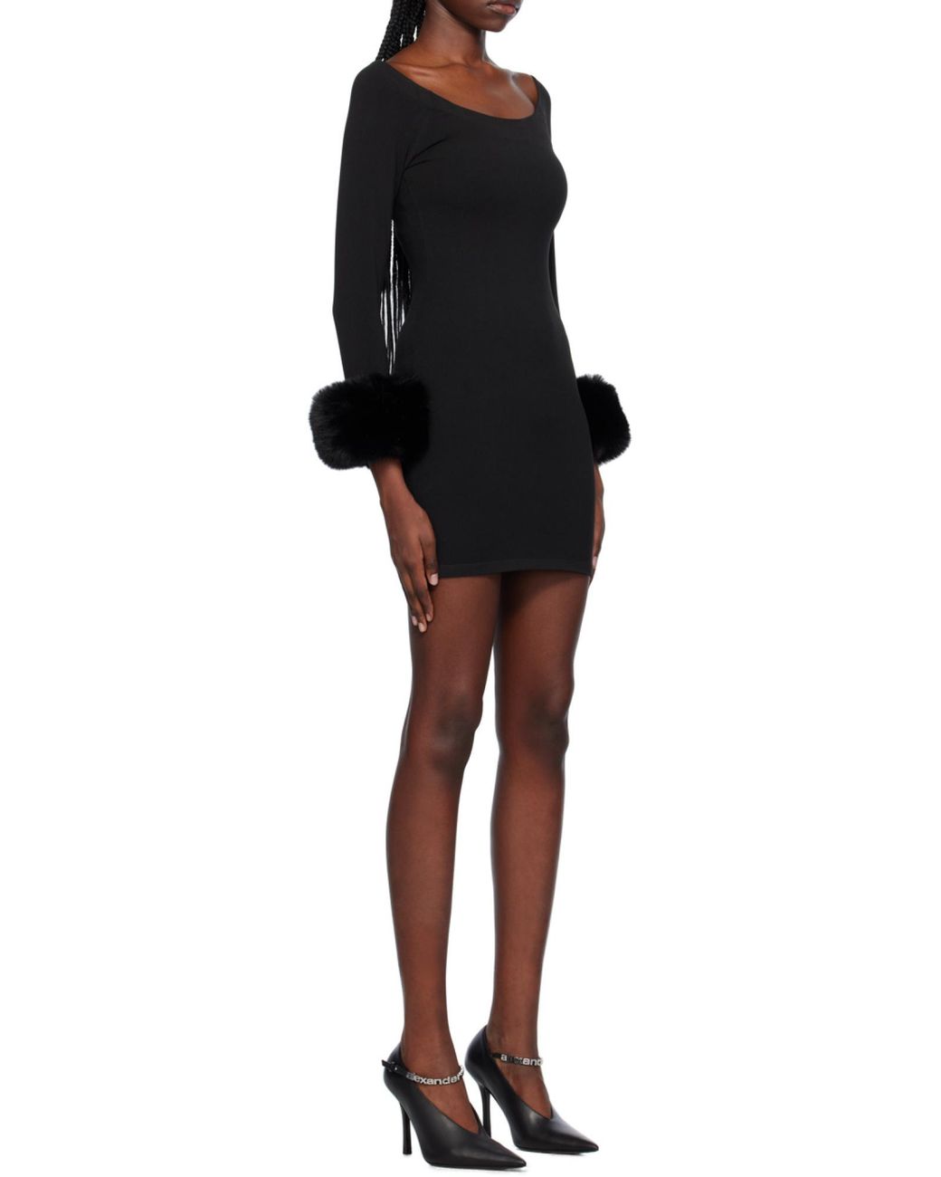 Alexander Wang Black Round Neck Fur Trimmed Dress