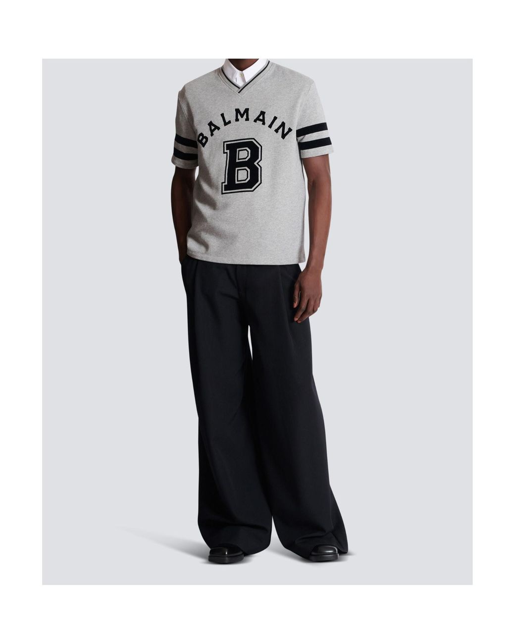 Balmain Gray V-Neck Logo-Print T-Shirt for men