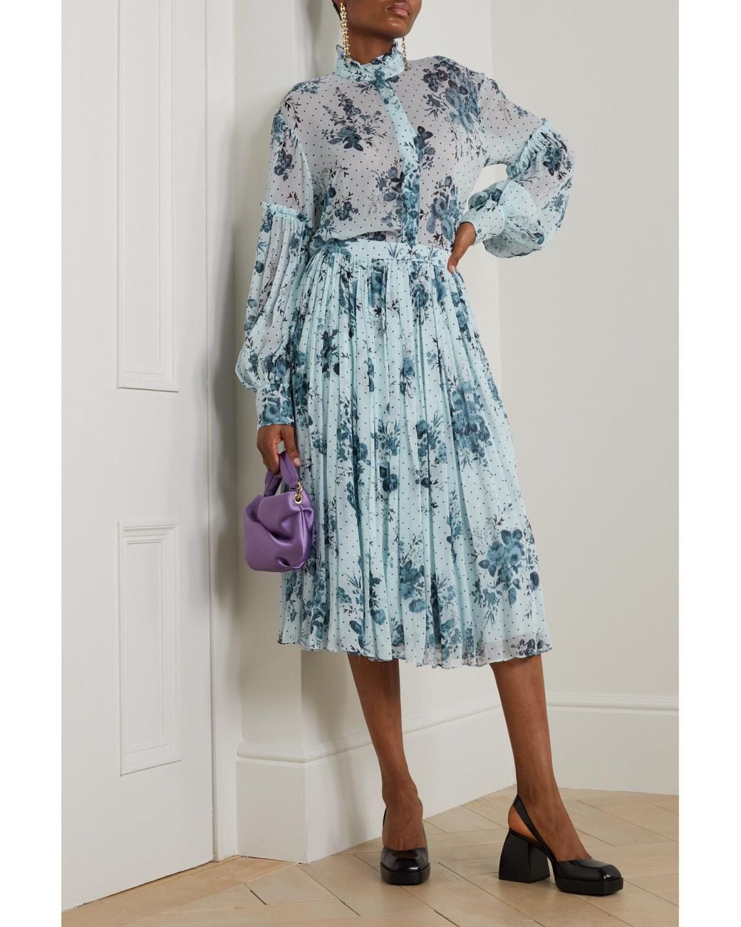 Erdem Blue Pleated Printed Crepon Midi Skirt