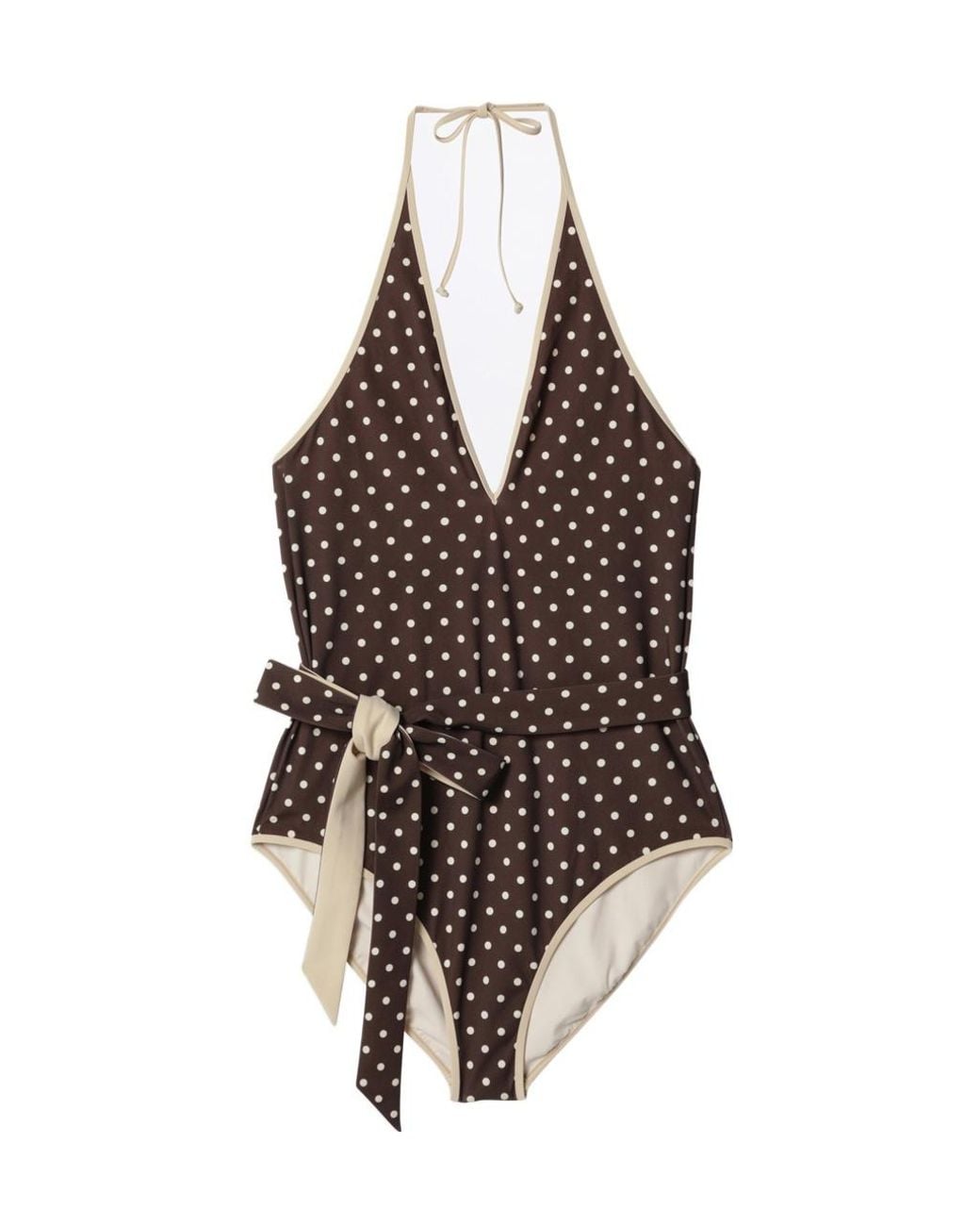 Valentino Brown Polka Dot Printed Halterneck Swimsuit
