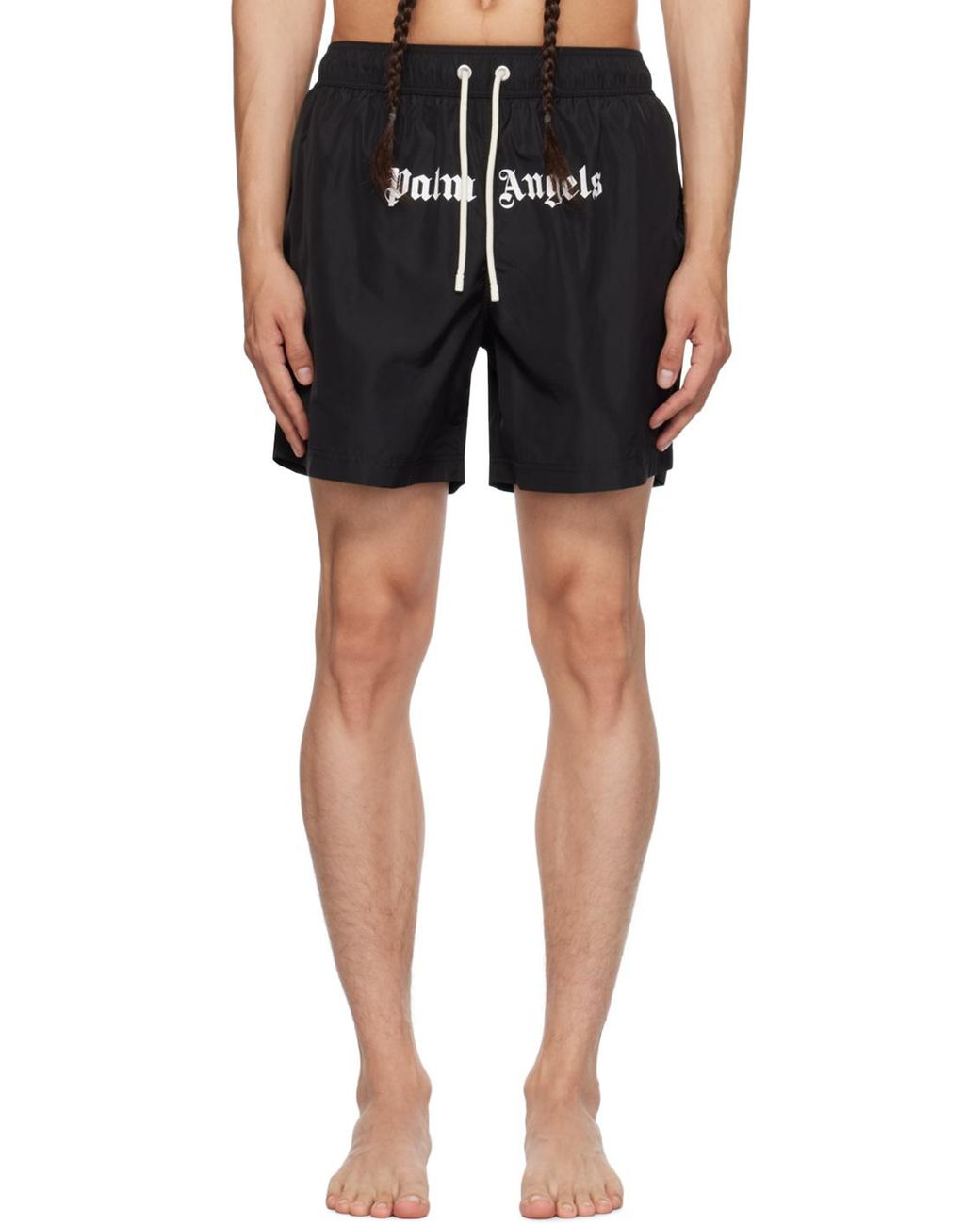 Palm Angels Black Logo Printed Drawstring Swim Shorts for men