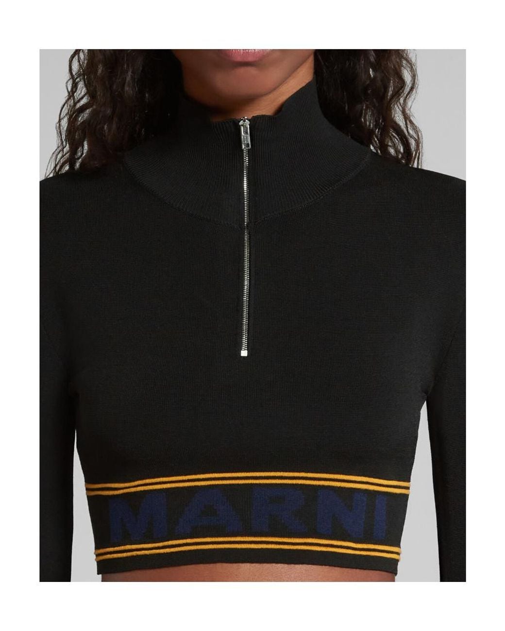 Marni Black Logo Intarsia-Knit High Neck Cropped Jumper