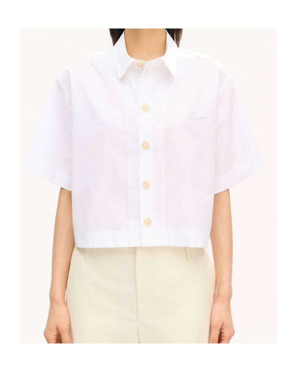 KENZO White Cropped Logo Embroidered Shirt