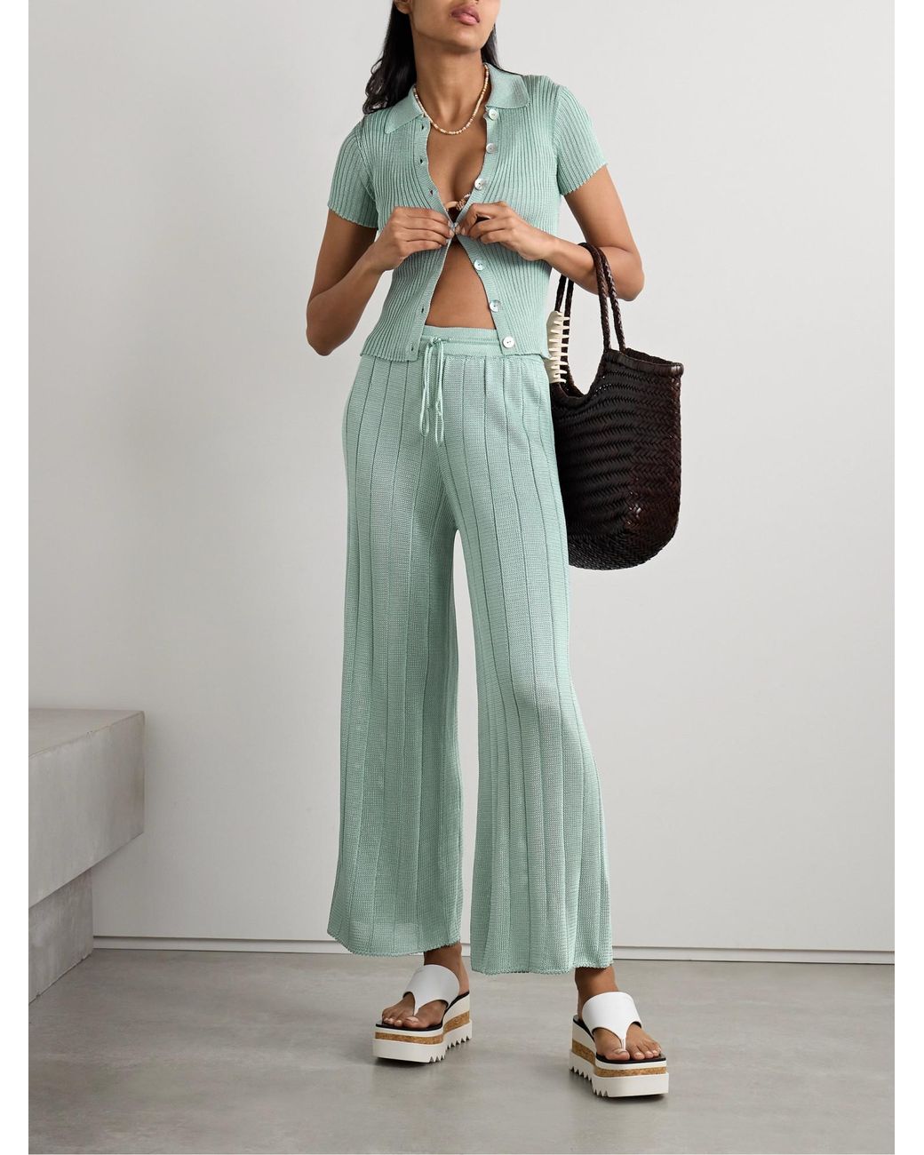 Calle Del Mar Green Ribbed Knit Wide-Leg Trousers