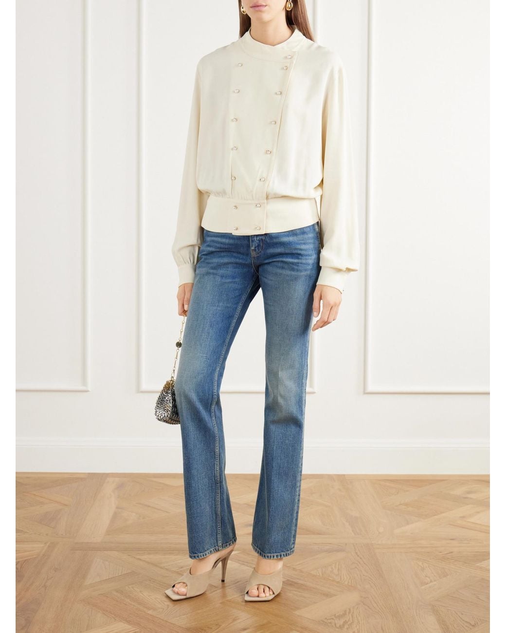 Rabanne White Crepe Blouse With Pearl Inspired Jewelery Buttons