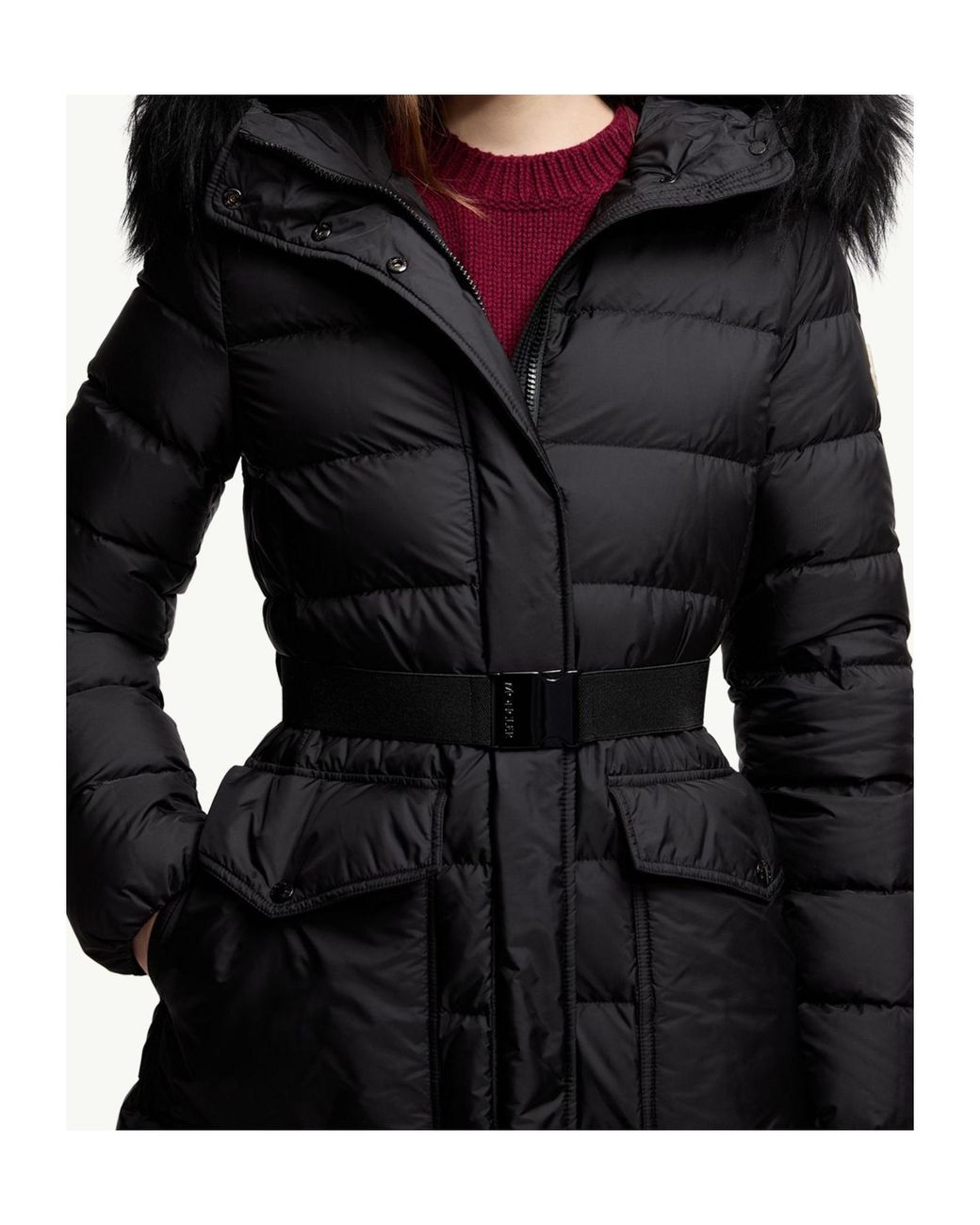 Moncler Black Khloesse Shearling-Trimmed Hooded Long Down Jacket
