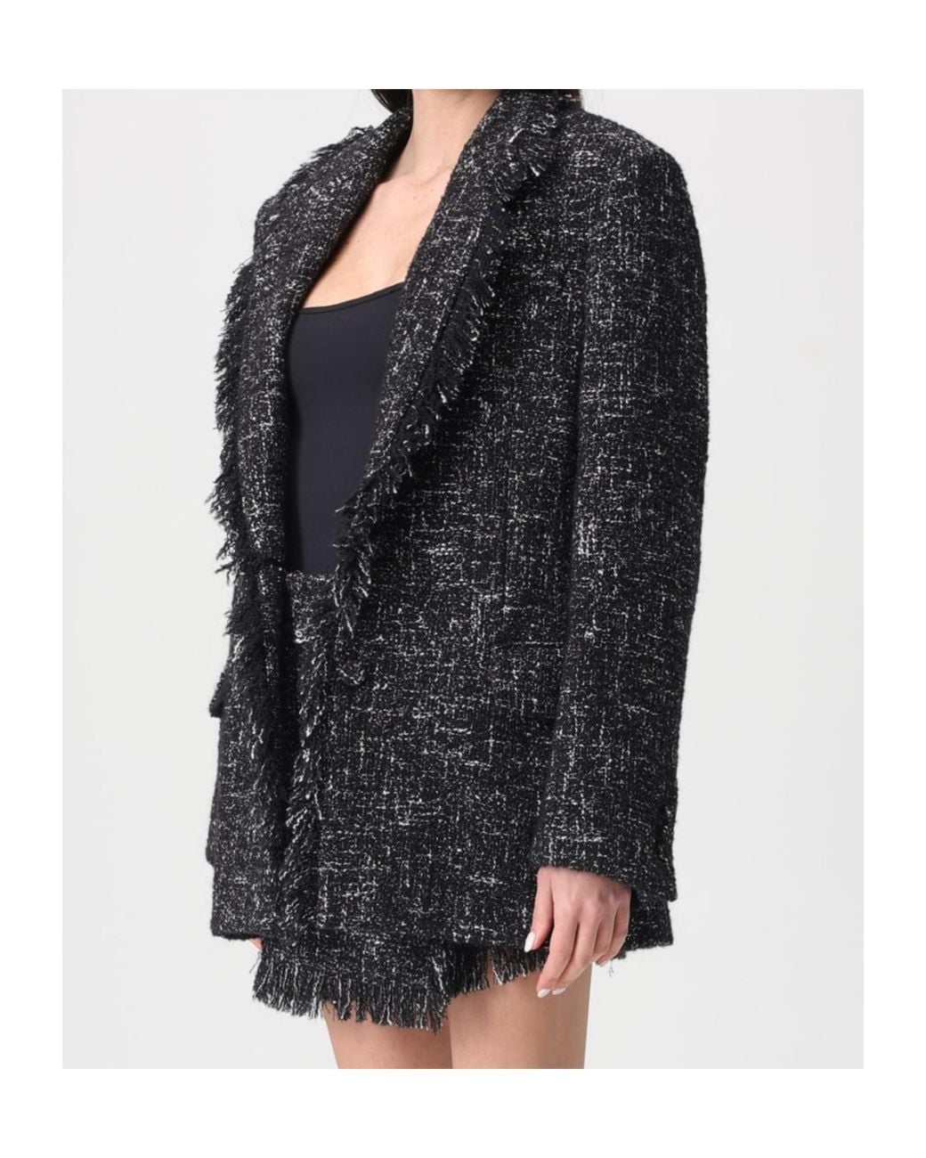 MSGM Black Fringed Tweed Blazer