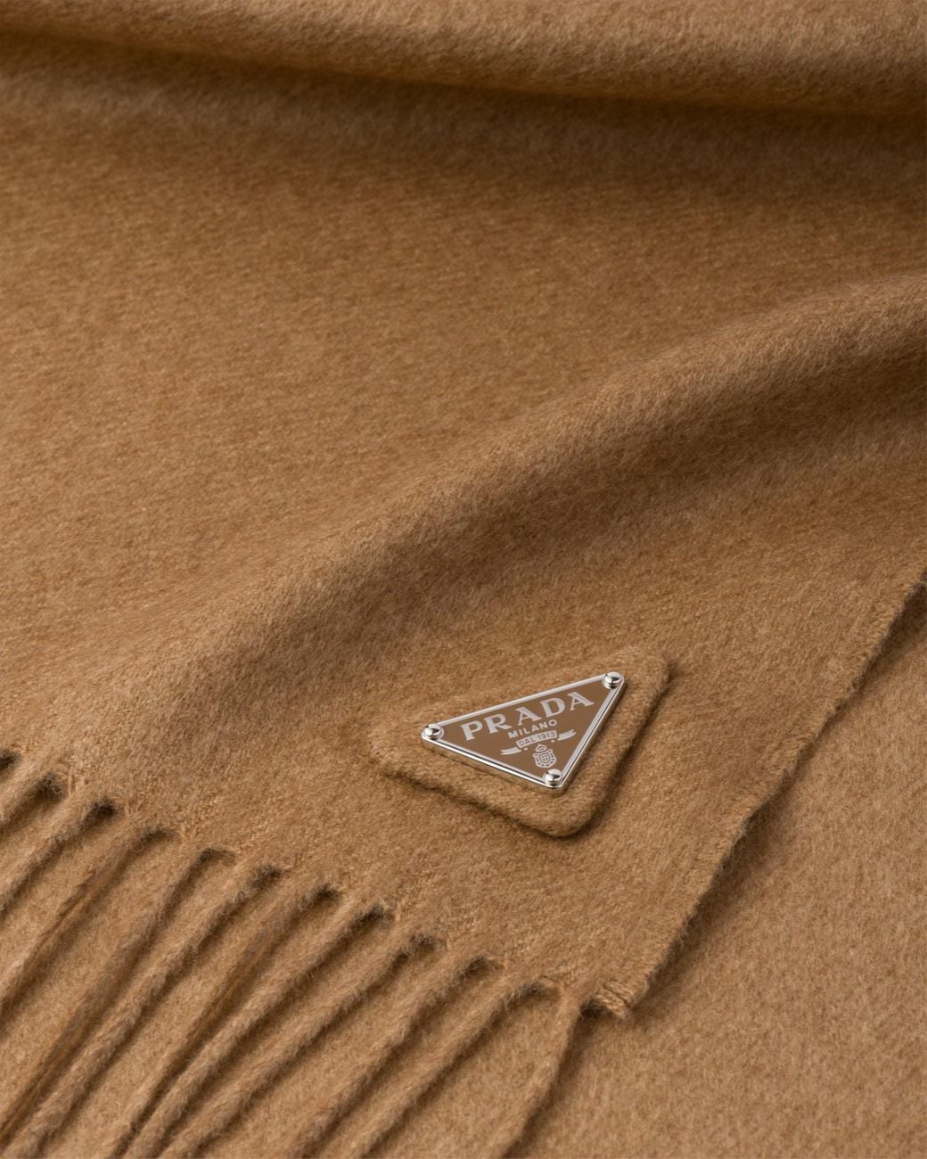 Prada Natural Triangle Logo Plaque Fringed Scarf for men