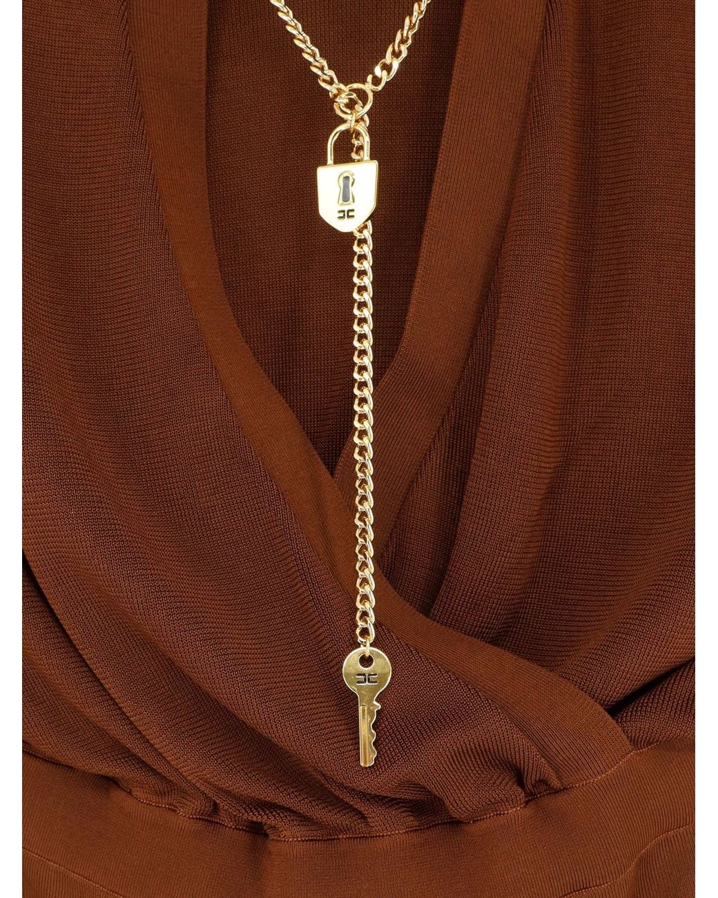 Elisabetta Franchi Brown Draped V-Neck Midi Dress