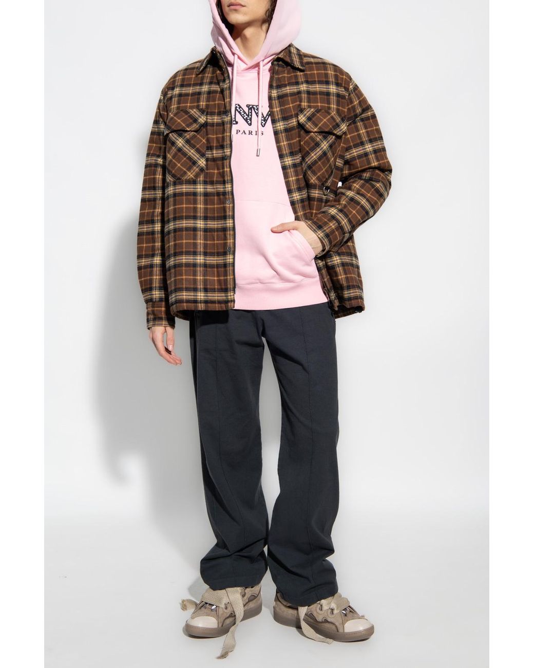 Lanvin Pink Logo Embroidered Drawstring Hoodie for men