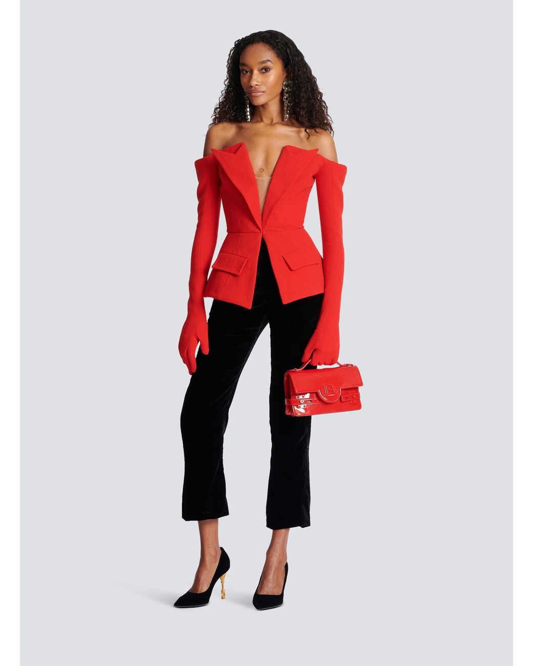 Balmain Red Off-The-Shoulder Peplum Top