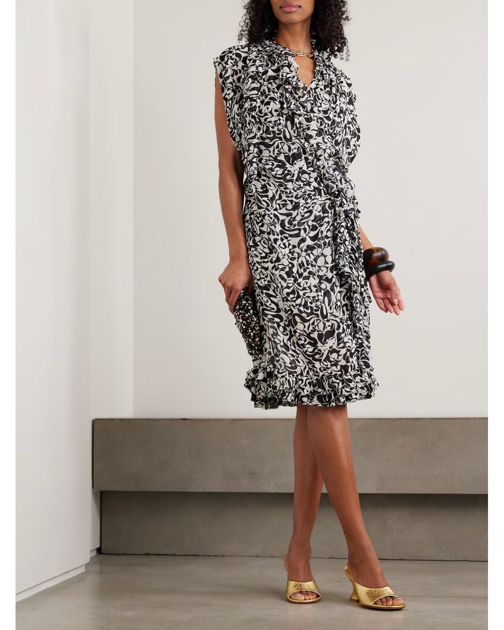 Dries Van Noten Black Ruffle Print Midi Wrap Dress