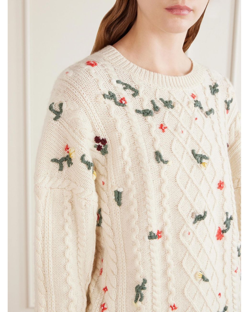 Khaite Natural Floral-Embroidered Cable-Knit Cashmere Sweater