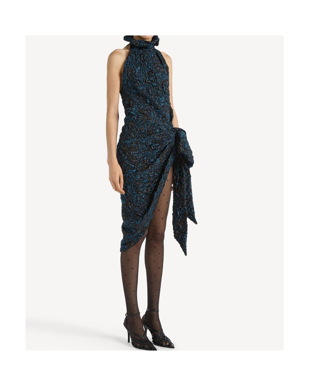 Balmain Blue Draped Cloqué Jacquard Dress