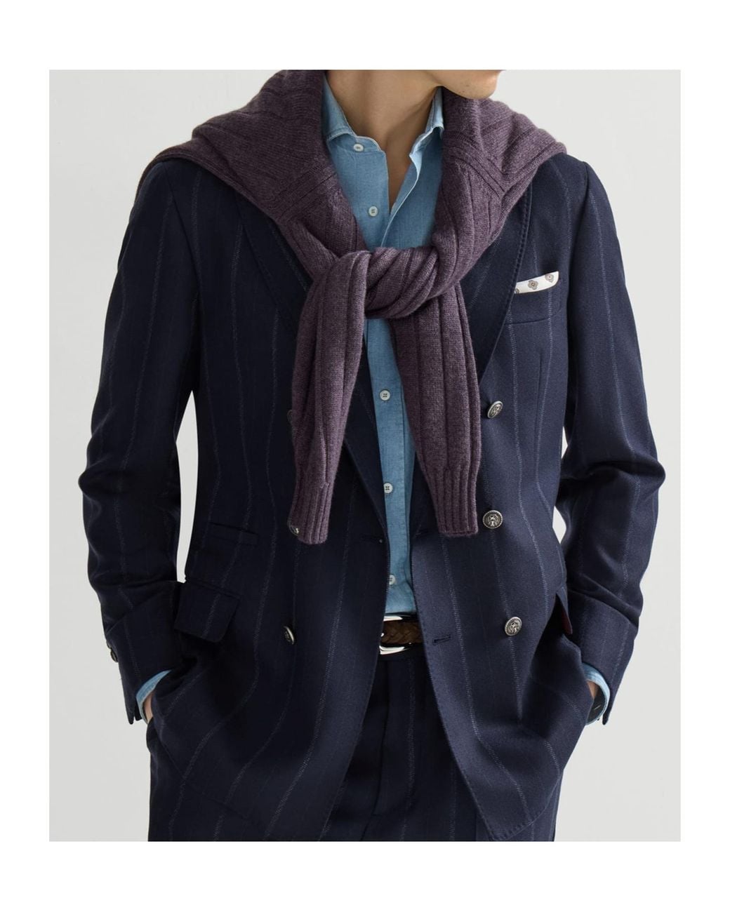 Brunello Cucinelli Blue Cashmere And Virgin Wool Multistripe Twill One-And-A-Half Breasted Deconstructed Blazer With Metal Buttons for men