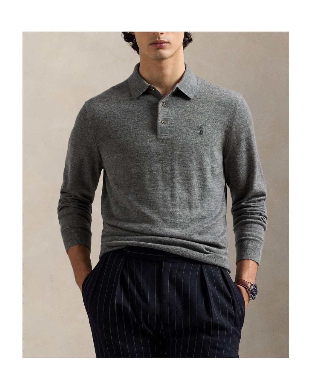 Polo Ralph Lauren Gray Notched Collar Knitted Long-Sleeve Polo Shirt for men