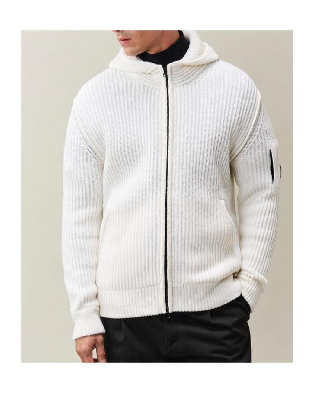 C P Company Gray Lambswool Hooded Lens Zip Sweater for men