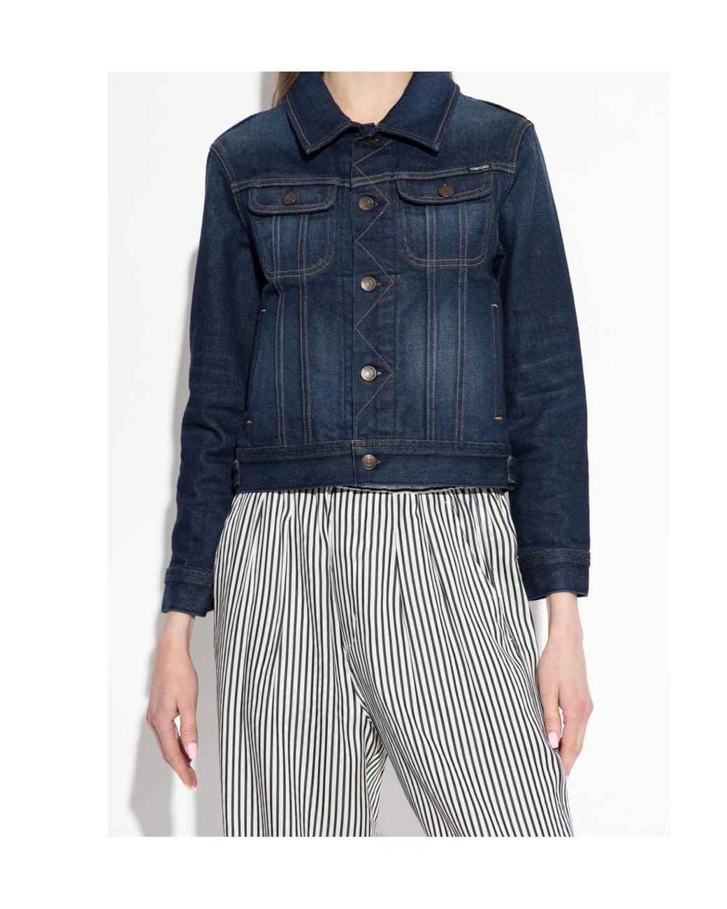 Tom Ford Blue Cropped Contrast-Stitch Denim Jacket