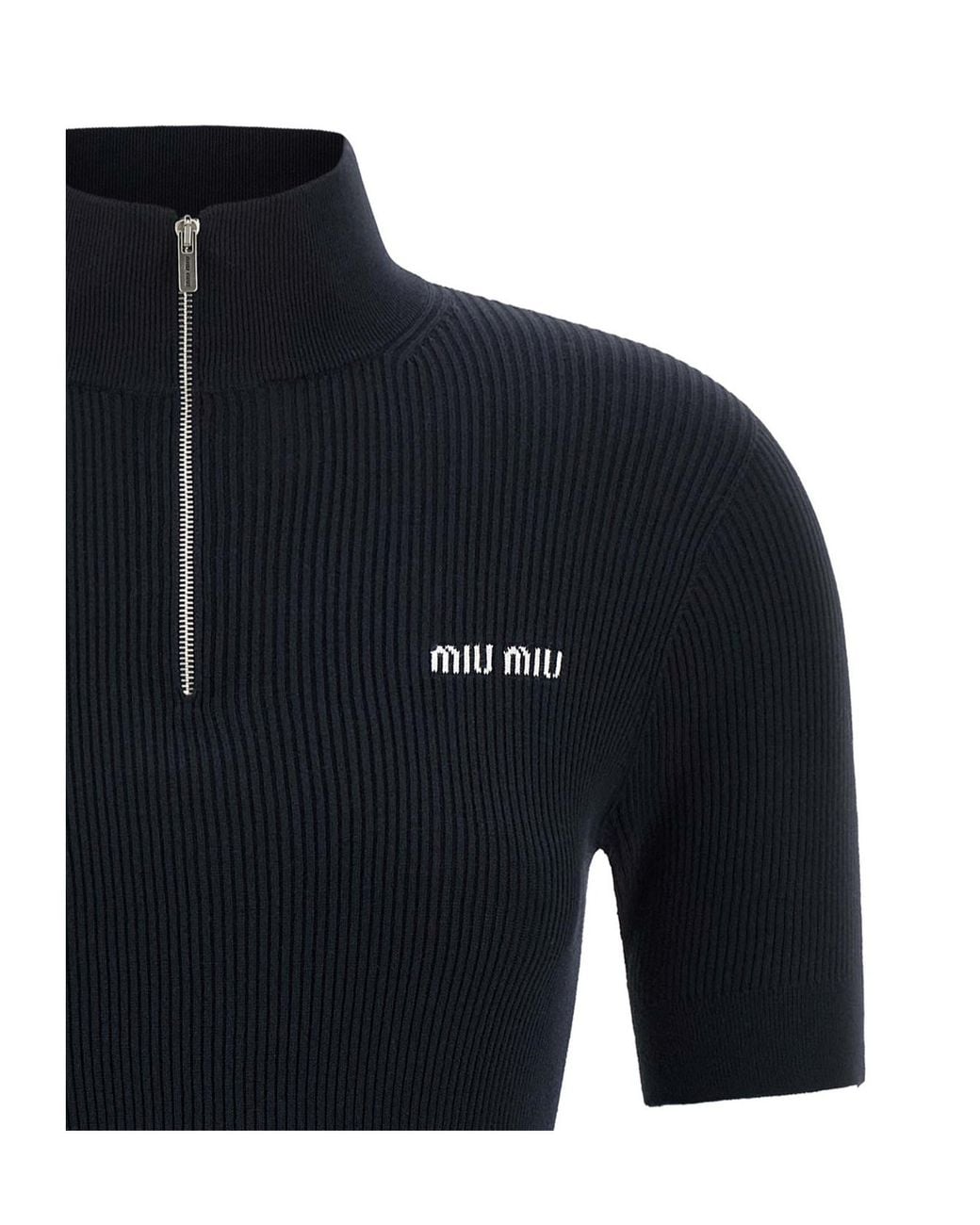 Miu Miu Black Ribbed Knit Cotton Dress