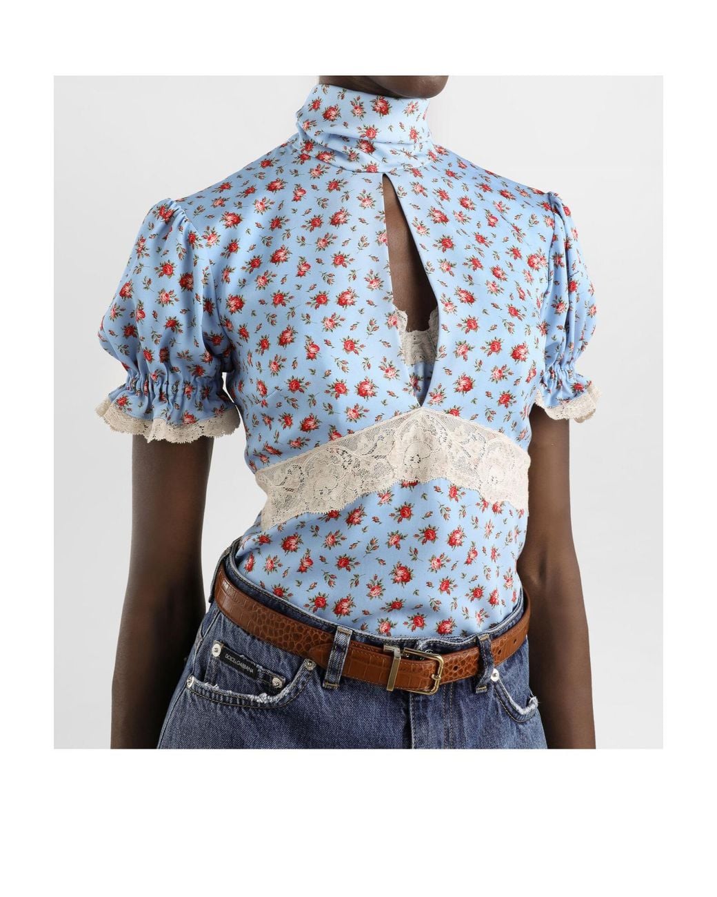 Dolce & Gabbana Blue Small Rose-Printed Charmeuse Top