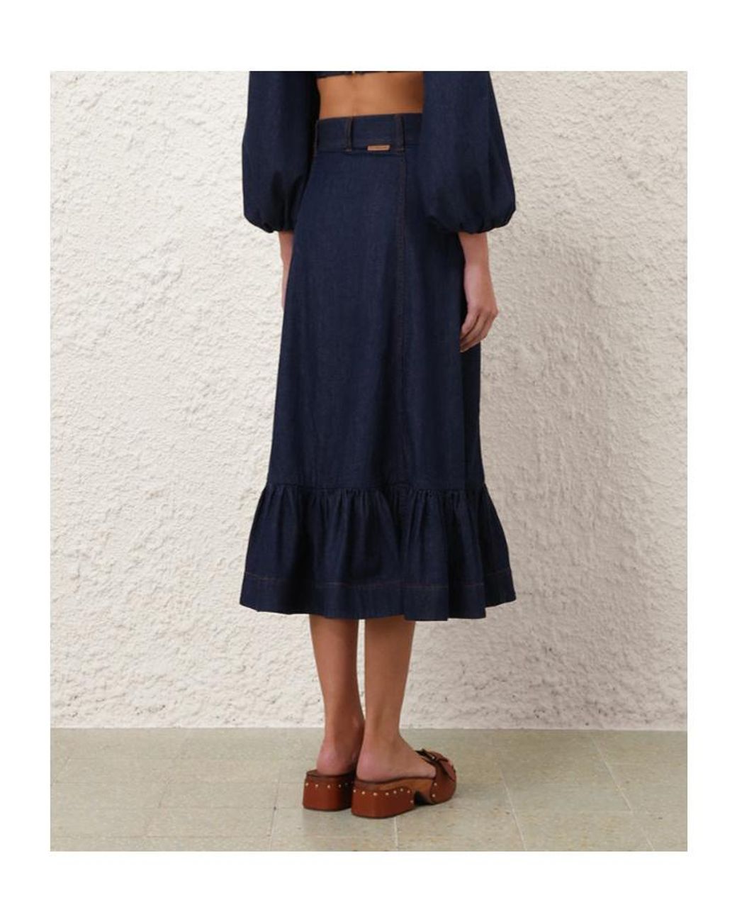 Zimmermann Blue Aster Denim Frill Midi Skirt