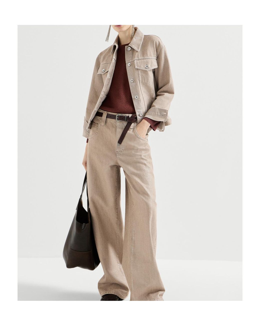 Brunello Cucinelli Natural Lamé Denim Four-Pocket Outerwear Jacket With Monili