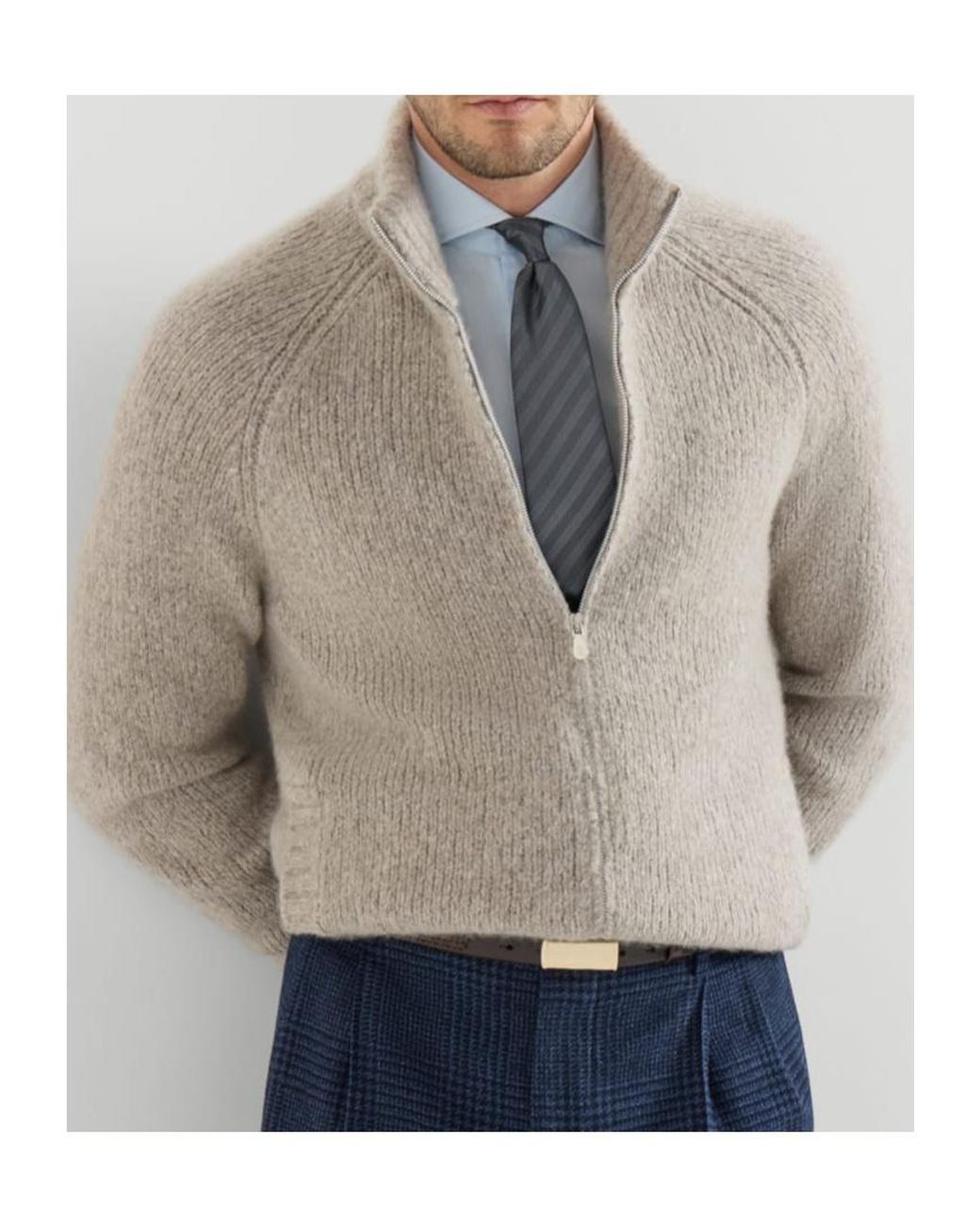 Brunello Cucinelli Gray Long-Sleeved Zip-Up Cardigan for men