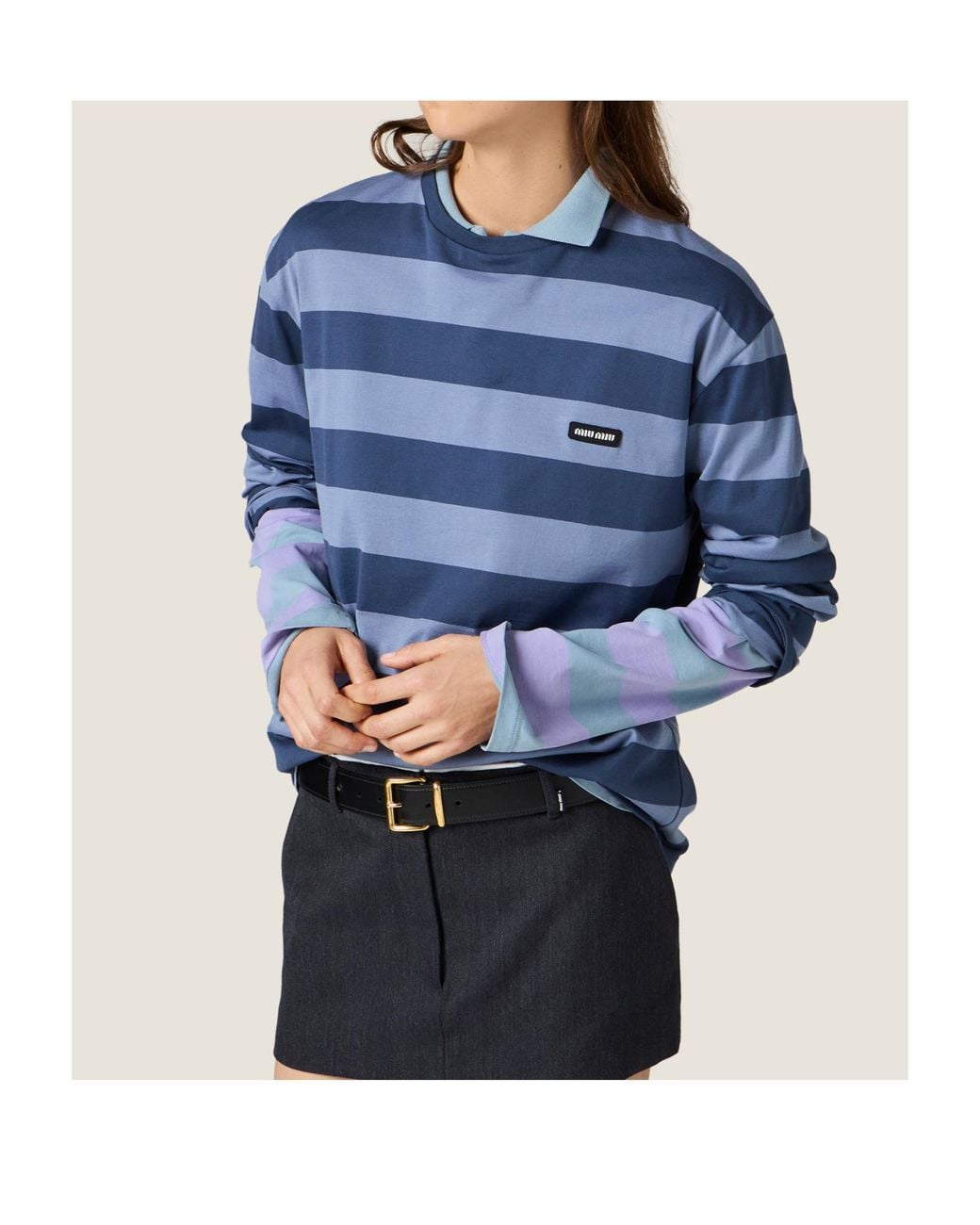 Miu Miu Blue Long-Sleeved Striped T-Shirt