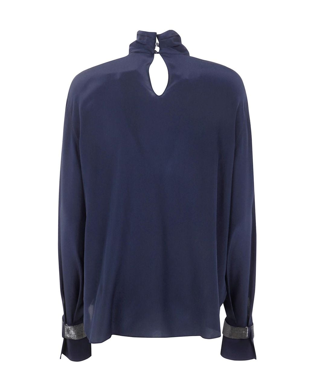 Brunello Cucinelli Blue Turtleneck Long-Sleeve Blouse