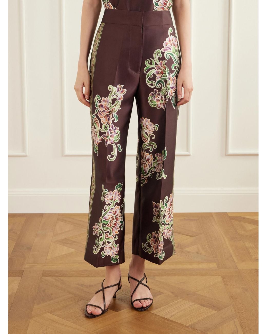 ALÉMAIS Brown Cropped Floral-Print Twill Flared Pants