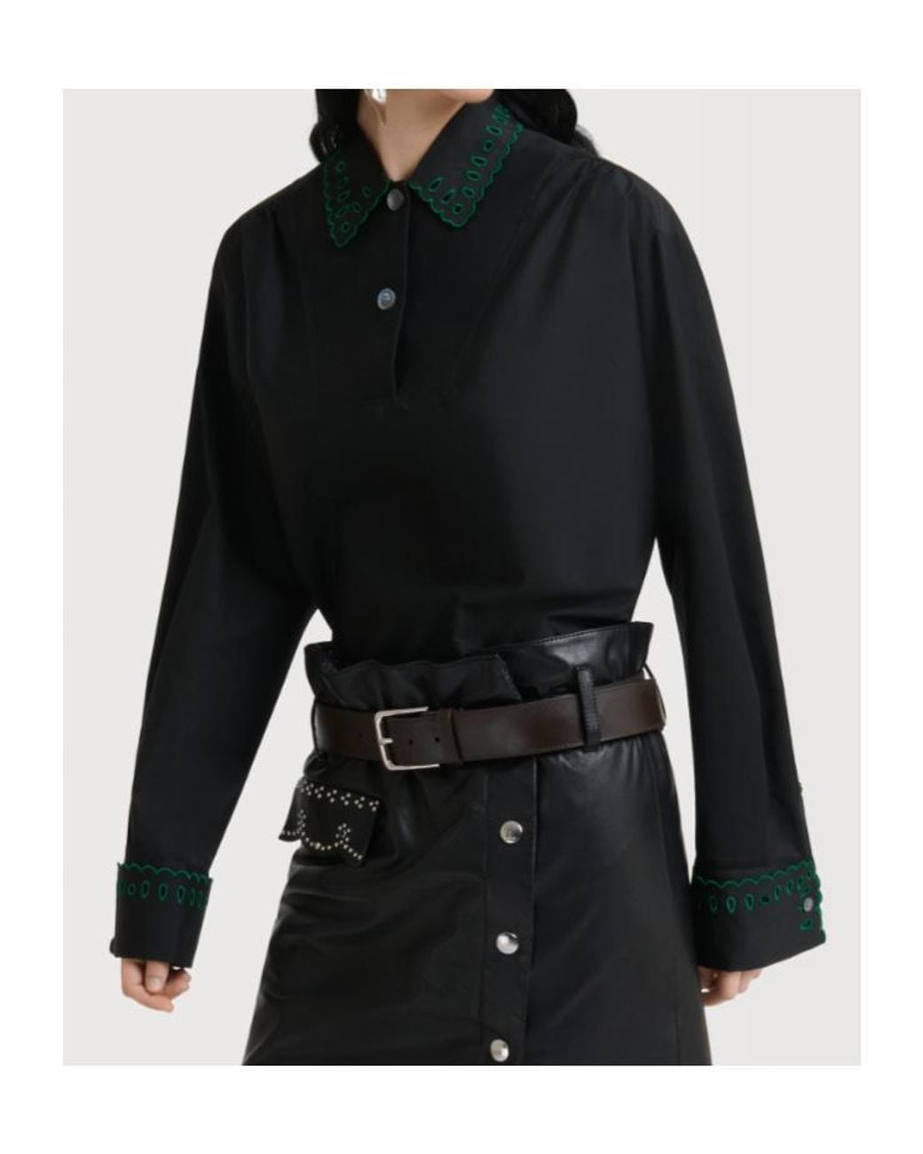 Marni Blue Poplin Half-Button Shirt With Broderie Anglaise