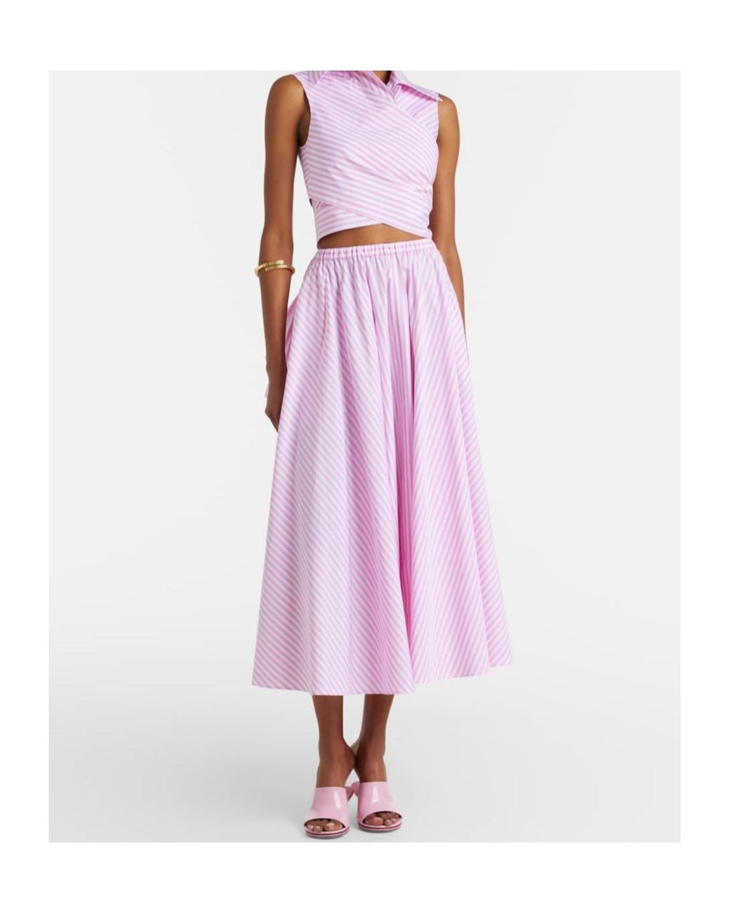 Patou Pink Pleated Striped Cotton Poplin Midi Skirt