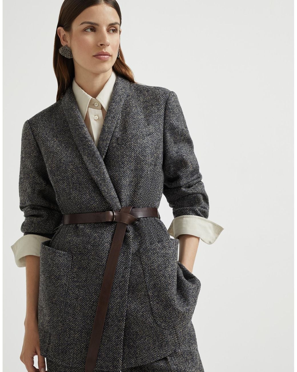 Brunello Cucinelli Gray Herringbone Patterned Belted Jacket