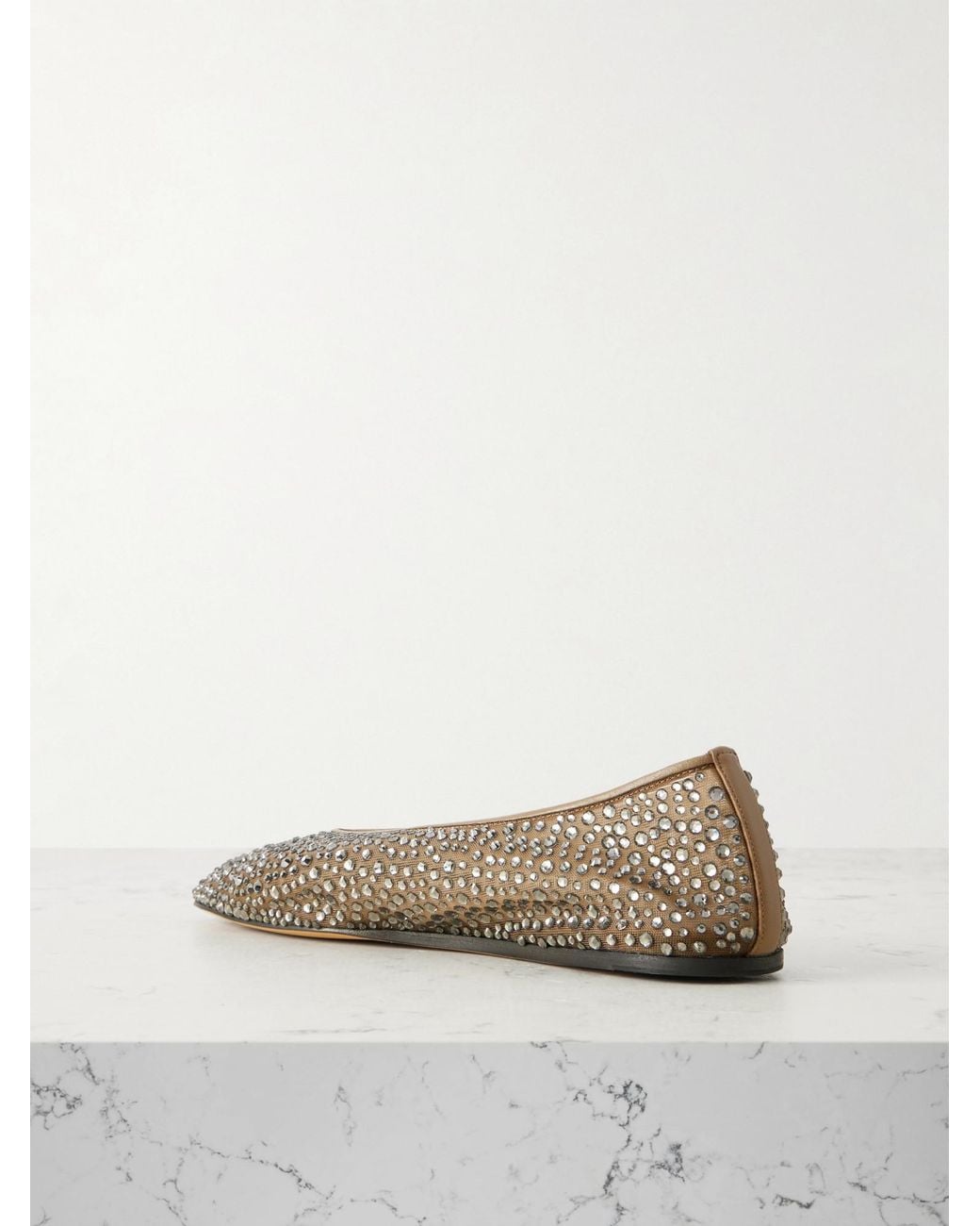 Le Monde Beryl Brown Luna Leather-Trimmed Crystal-Embellished Mesh Flats