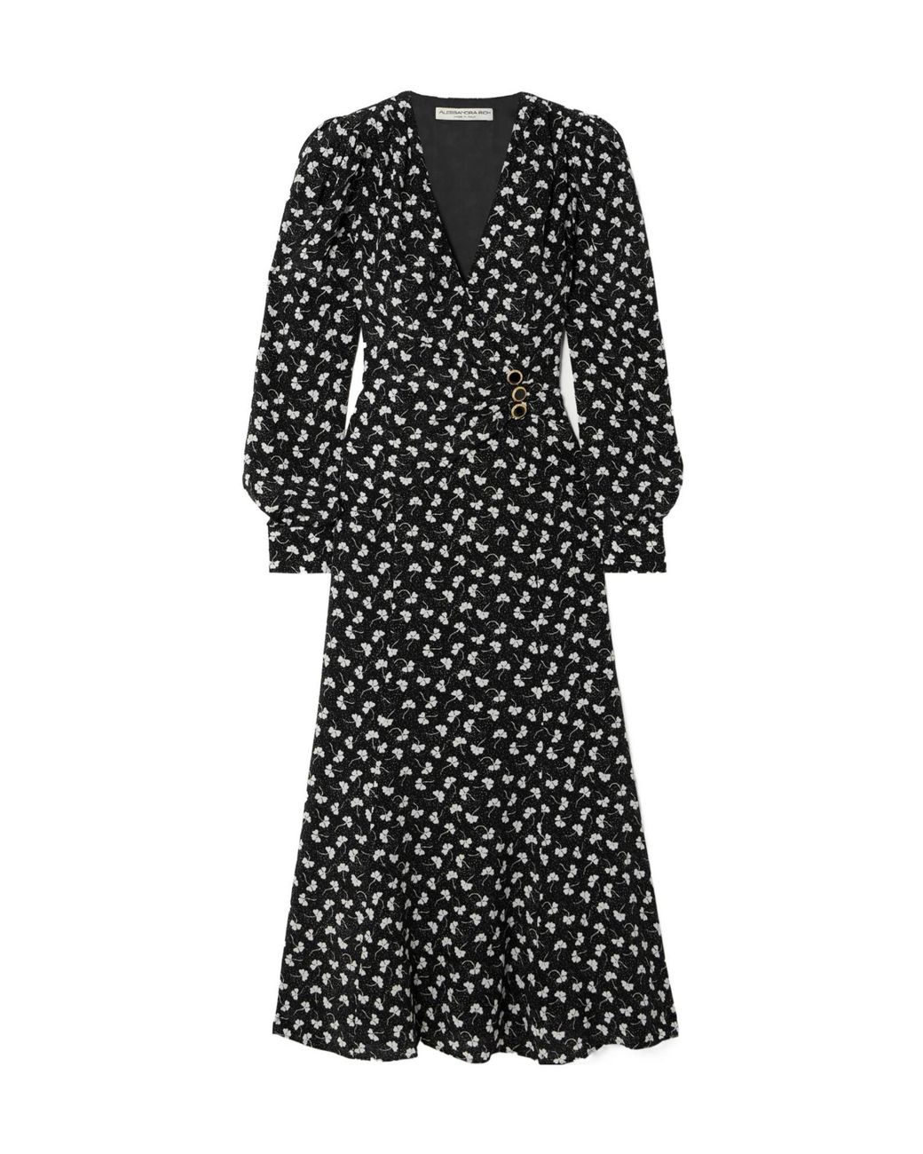 Alessandra Rich Black Clover Wrap-Effect Floral-Print Silk-Crepe Midi Dress