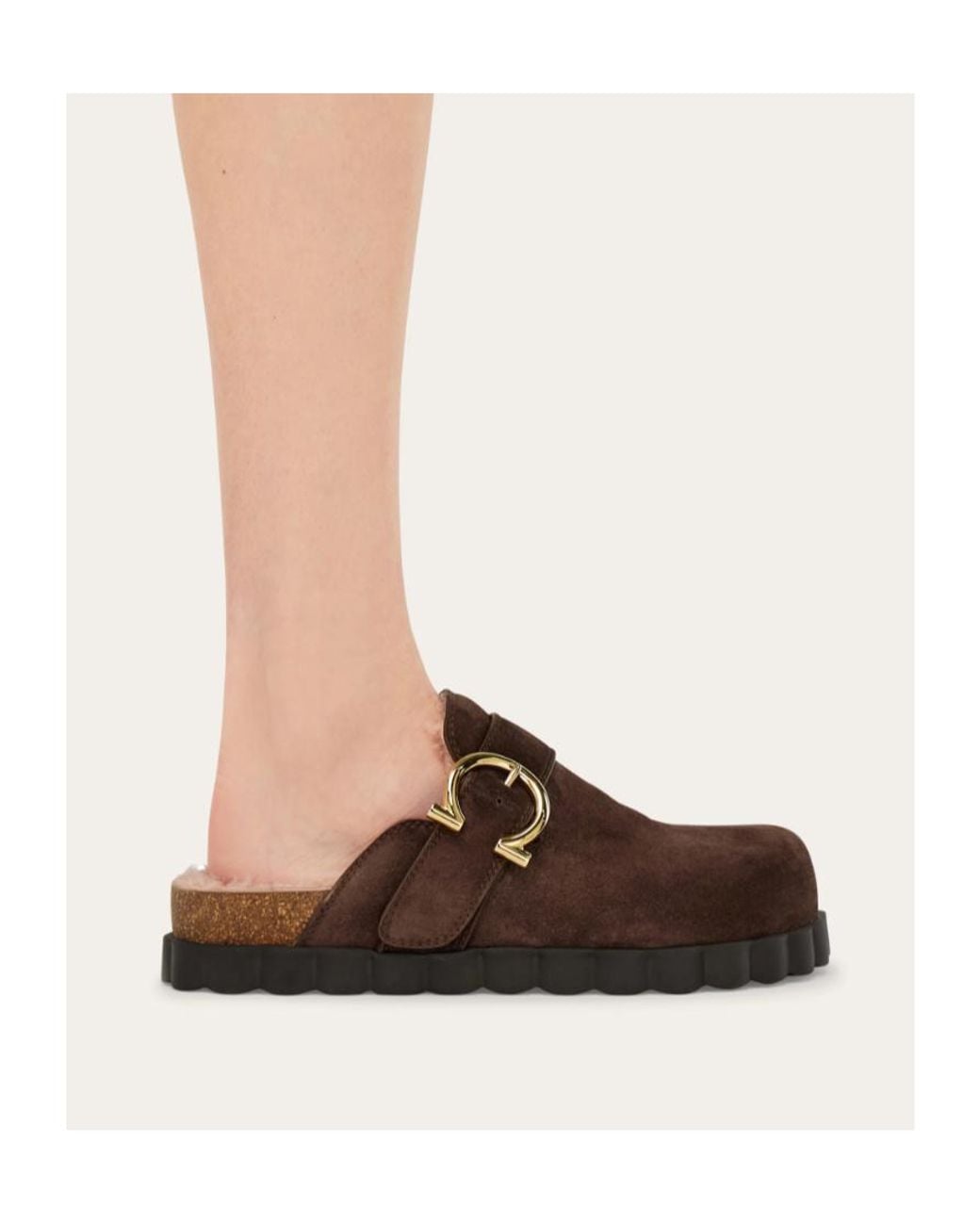 Ferragamo Brown Gancini Clog With Rippled Sole Detail